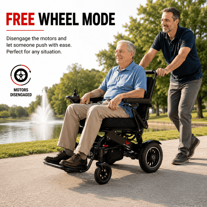 son pushes dad on sky hawk electric wheelchair