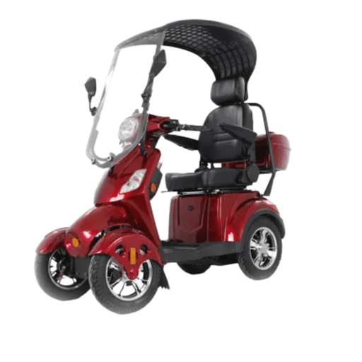 Side view of a red four-wheel off-road golf mobility scooter equipped with a golf bag carrier, ideal for golf courses.