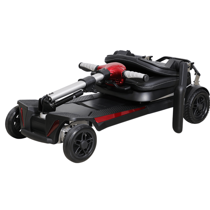 MobiFree mobility scooter partially folded with the tiller folded down over the seat, shown on a white background