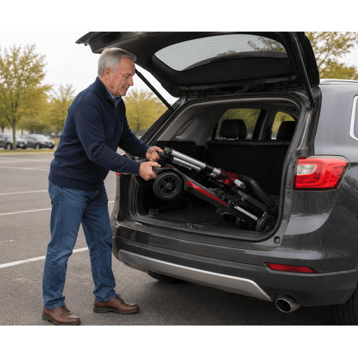 Man loading the folded MobiFree mobility scooter into the trunk of an SUV in a parking lot