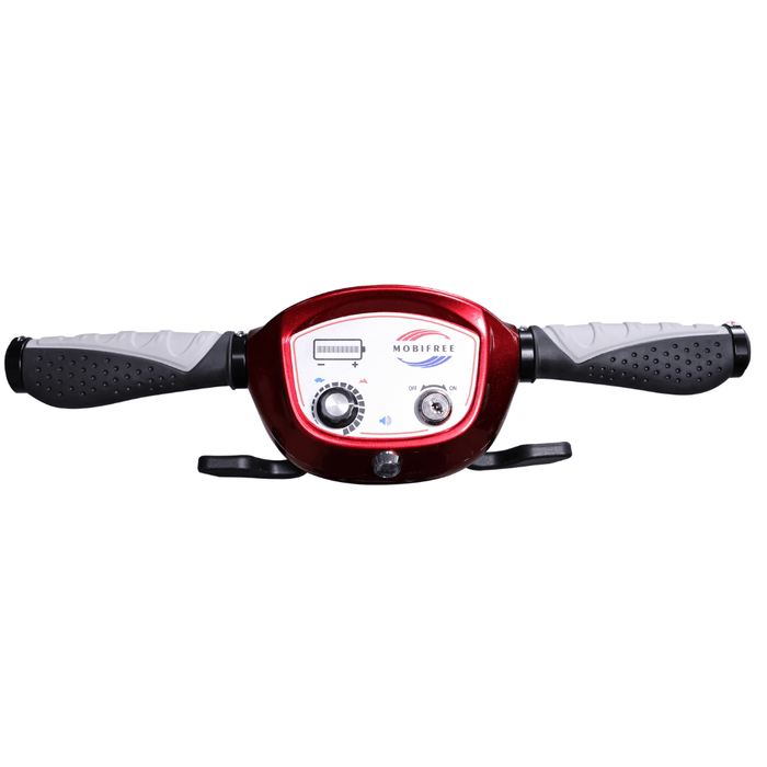 Close-up of the MobiFree scooter handlebar tiller with red control panel, speed dial, key ignition and grey grips