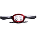 Close-up of the MobiFree scooter handlebar tiller with red control panel, speed dial, key ignition and grey grips