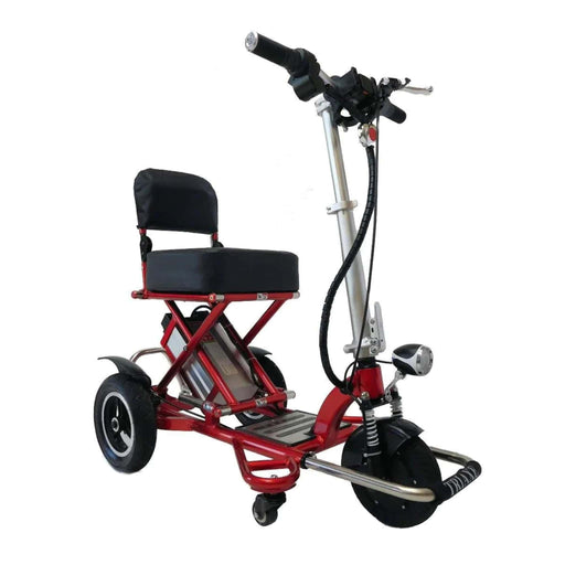 Triaxe Sport 3 Wheel Mobility Scooter - Color Red Frame, Black Chair and Silver Control Bar - Front Right Side View