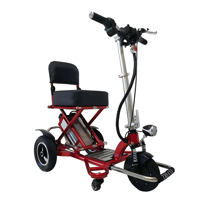 TriaxeSport3WheelMobilityScooter-ColorRedFrame_BlackChairandSilverControlBar-FrontRightSideView