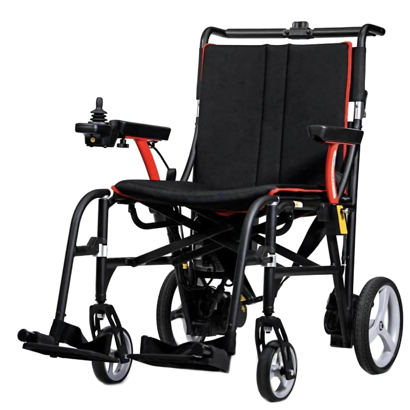 FeatherPowerWheelchair33lbsColorBlackwithRedFrameBackrestFrontLeftSideView