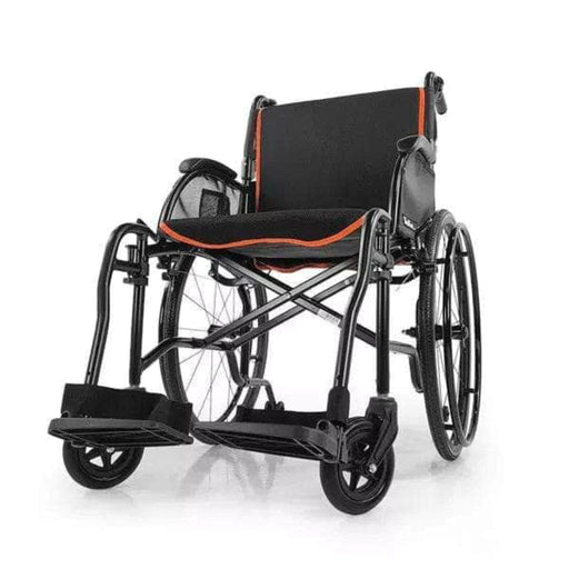 Feather Chair 13.5 lbs Ultra Light Featherweight Wheelchair by Feather Color Black with Orange Backrest - Front Side View
