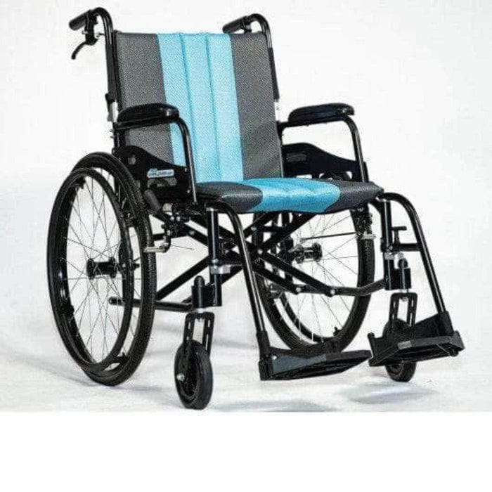 Feather Chair 13.5 lbs Ultra Light Featherweight Wheelchair by Feather - Front Side View - Color Light Blue Backrest with Gray and Black Frame