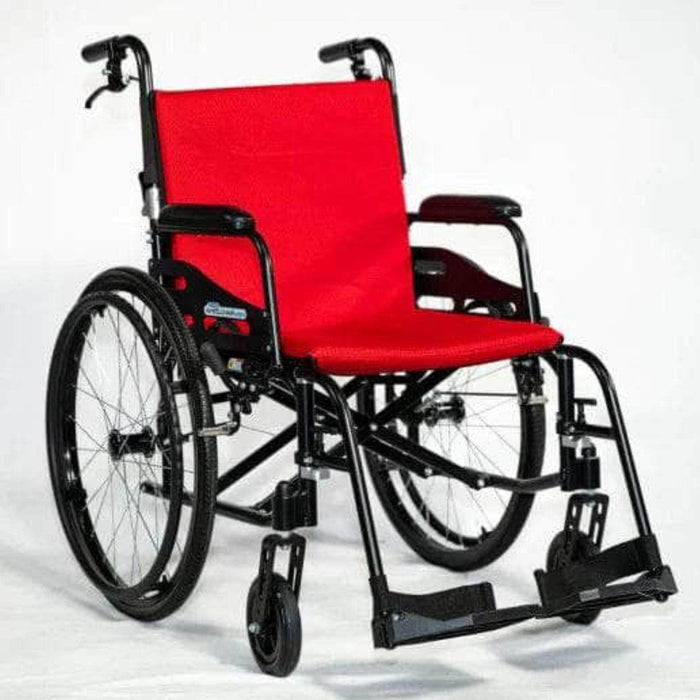 Feather Chair 13.5 lbs Ultra Light Featherweight Wheelchair by Feather - Front Side View - Color Red Backrest with Black Frame