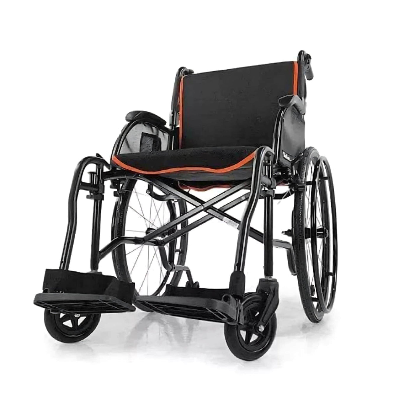 FeatherChair13.5lbsUltraLightFeatherweightWheelchairbyFeatherColorBlackwithOrangeBackrest-FrontSideView