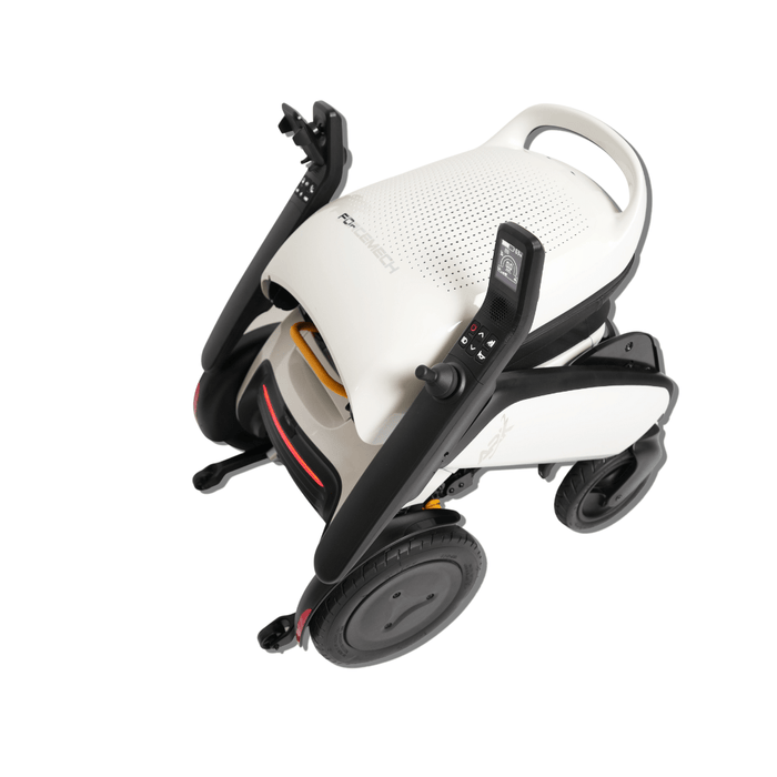 The Forcemech ARK All-Terrain Heavy Duty Folding Powerchair is a black and white mobility scooter with a compact design, control panel handle, large wheels, and armrests. Its sleek appearance is enhanced by an LED headlight and optional Bluetooth speakers for added convenience.