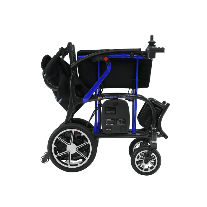 The Forcemech Ultralite G10 Carbon Fiber Powerchair, weighing just 26 lbs, is displayed from the side against a white background. Sporting large rear wheels, smaller front wheels, and a joystick controller on the armrest, this blue and black foldable electric wheelchair prioritizes mobility and convenience.