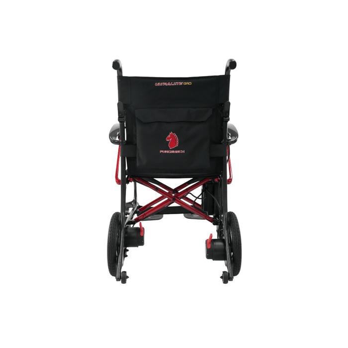 The Forcemech Ultralite G10 Carbon Fiber Powerchair, weighing just 26 lbs, features a black seat with red tubing and rear wheels. The ultralight frame boosts mobility and convenience, showcasing a red horse head logo on the back of the seat.