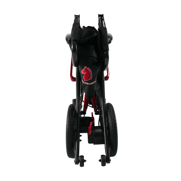 The Forcemech Ultralite G10 Carbon Fiber Powerchair, weighing just 26 lbs, offers mobility and convenience with an ultralight frame and large wheels. Its sleek design is highlighted by a red horse logo on the front, combining functionality with elegance.