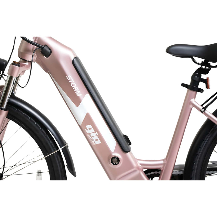 GIO Storm Electric Bike in Rose Gold with GIO and Storm Icon