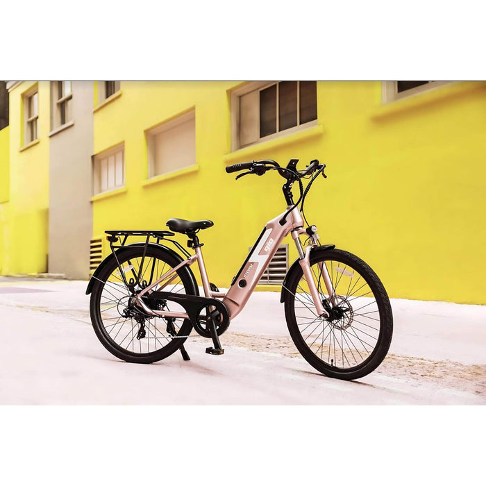 GIO Storm Electric Bike in Rose Gold with Background Picture 1