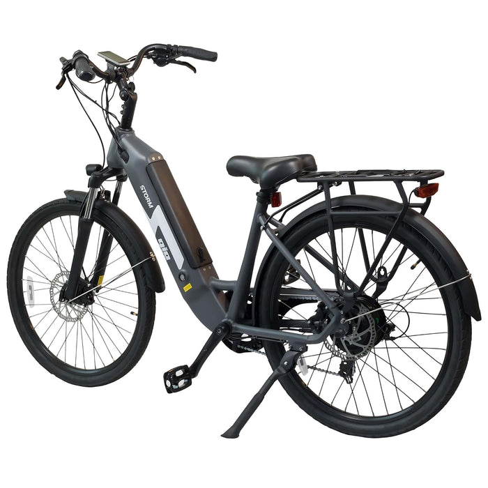 GIO Storm Electric Bike in Gray Rear Left Side View