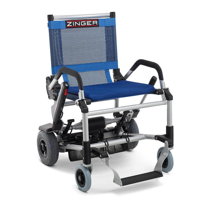 Zinger Folding Power Chair Color Blue Front Side View