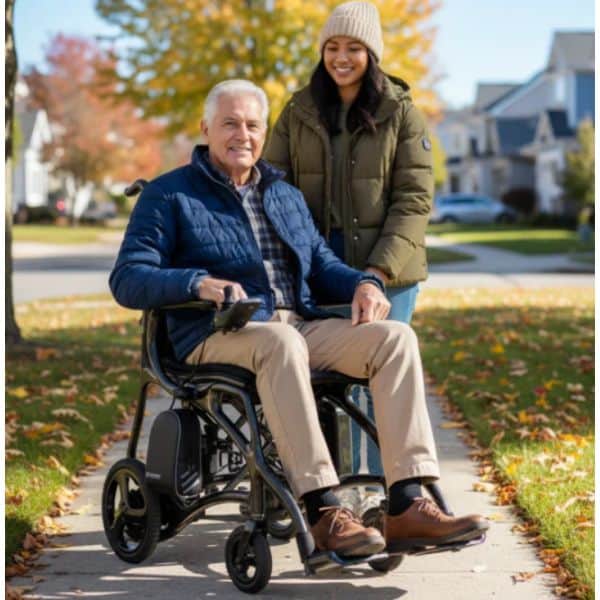 Man enjoying outdoor mobility on Journey Air Elite Max power chair with woman walking behind