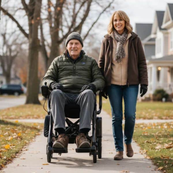 Senior couple enjoying a walk together with man on Journey Air Elite Max power chair