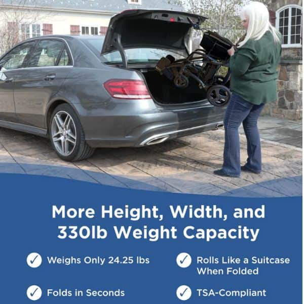 Woman loading Journey Air Elite Max folding power chair into car trunk for travel
