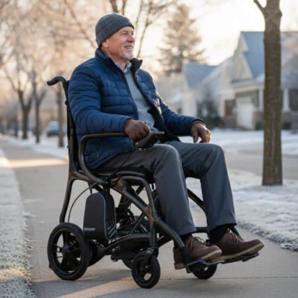 Senior man riding Journey Air Elite Max power chair outdoors