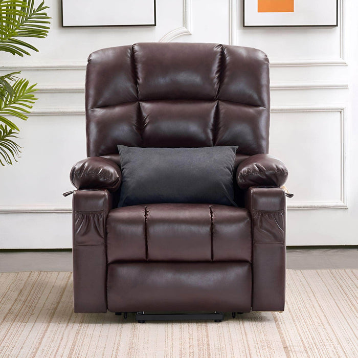 MCombo Dual Motor Large-Regular Power Lift Recliner Chair Faux Leather 7680 in Dark Brown Color in Room