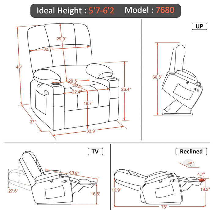 MCombo Dual Motor Large-Regular Power Lift Recliner Chair Faux Leather 7680 Dimensions