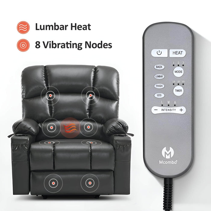 MCombo Dual Motor Large-Wide R7688 Power Lift Recliner  Chair Faux Leather in Dark Grey Color Lumbar Heat and 8 Vibrating Nodes