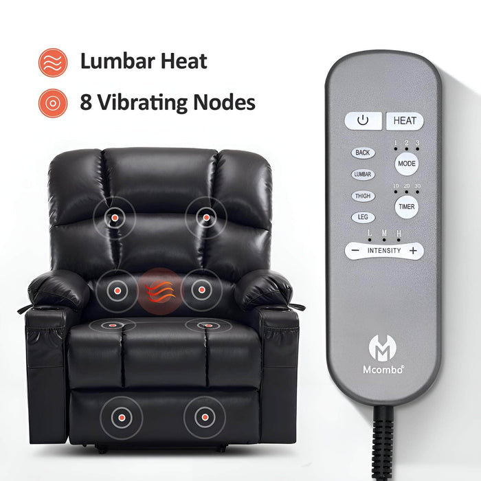 MCombo Dual Motor Large-Wide R7688 Power Lift Recliner Chair Faux Leather in Black Color Lumbar Heat and 8 Vibrating Nodes