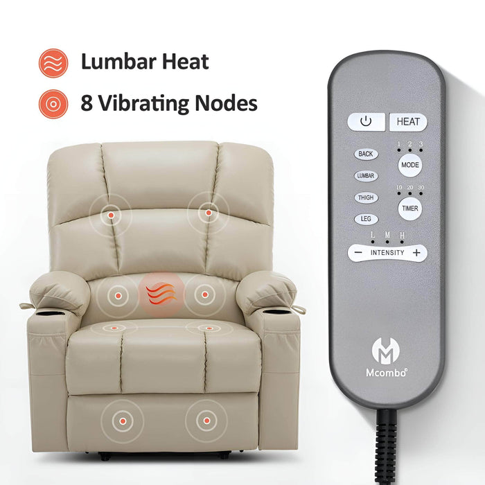 MCombo Dual Motor Large-Wide R7688 Power Lift Recliner Chair Faux Leather in Beige Color Lumbar Heat and 8 Vibrating Nodes