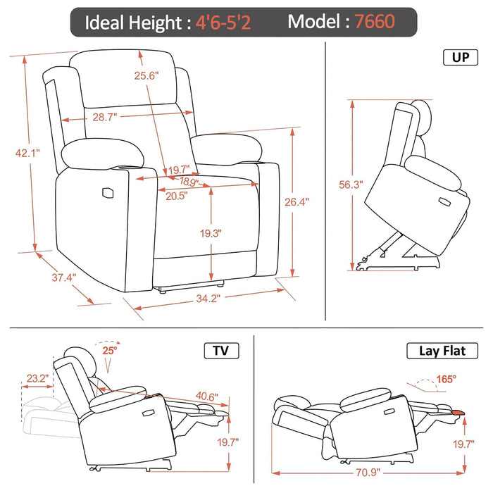 MCombo Small-Wide Dual Motor Power Lift Recliner Chair Fabric 7660 Dimensions