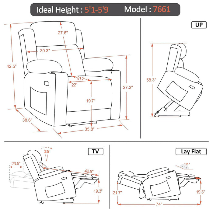 MCombo Medium-Regular Dual Motor Power Lift Recliner Chair Fabric 7661 Dimensions