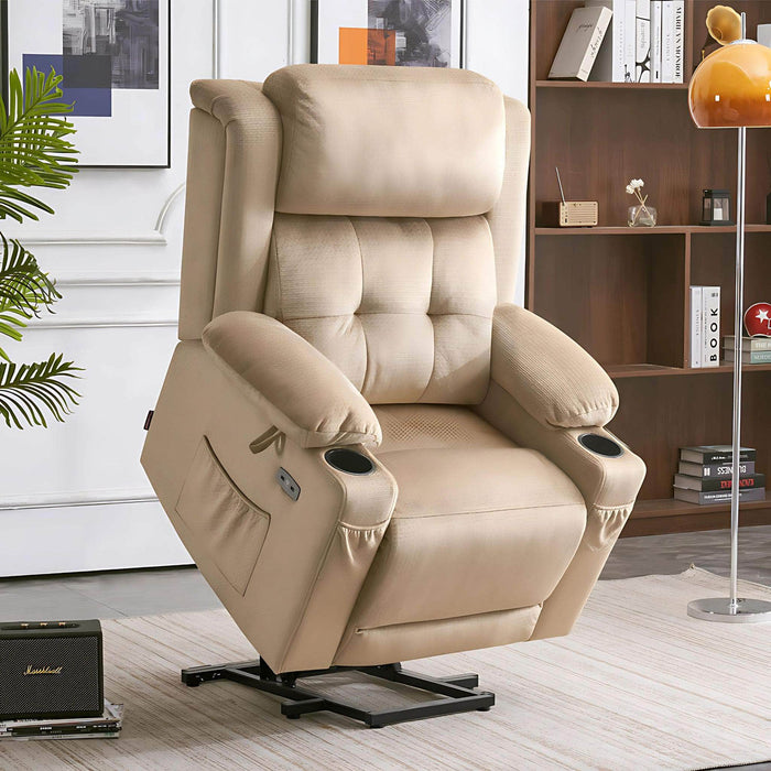 MCombo Medium-Regular Dual Motor Power Lift Recliner Chair Fabric 7661 in Beige Color in Room