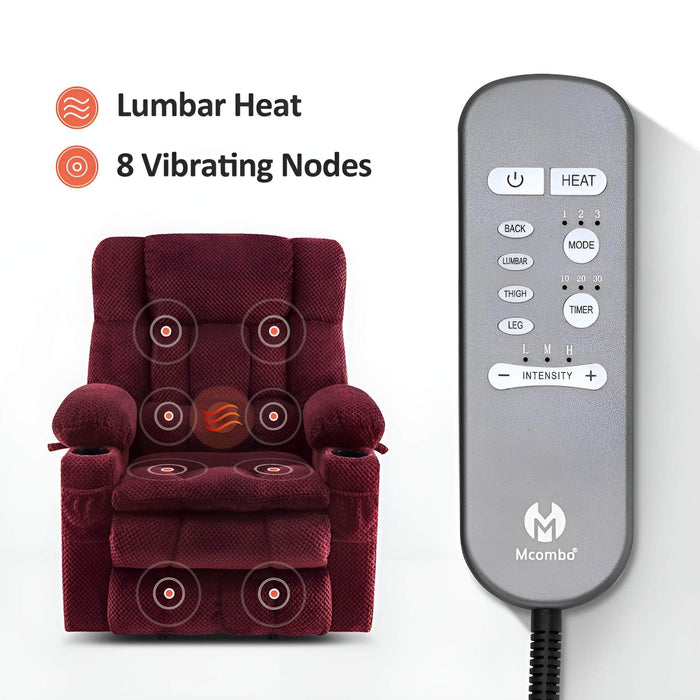 MCombo Medium-Regular Dual Motor Power Lift Recliner Chair Fabric 7890 in Burgundy Color Lumbar Heat 8 Vibrating Nodes