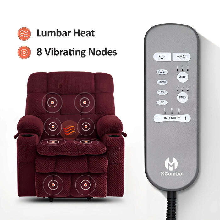 MCombo Dual Motor Small-Regular Size 7893 Power Lift Recliner Chair Fabric in Burgundy Color Lumbar Heat and 8 Vibrating Nodes