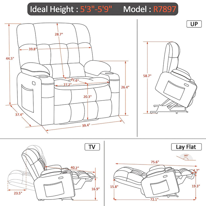 MCombo Dual Motor Medium-Wide Size R7897 Power Lift Recliner Chair Fabric Dimensions