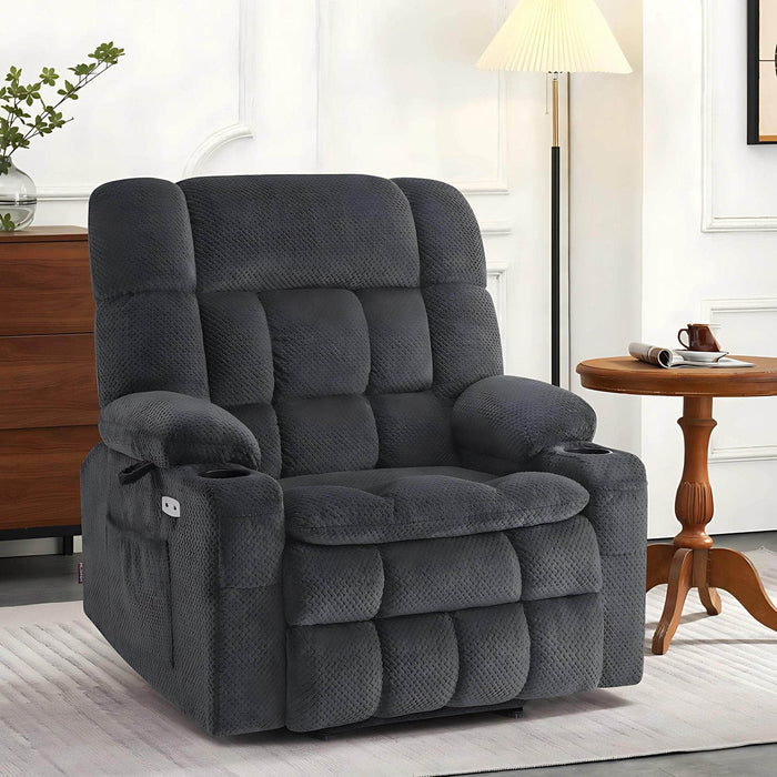 MCombo Dual Motor Medium-Wide Size R7897 Power Lift Recliner Chair Fabric in Dark Grey Color in Room