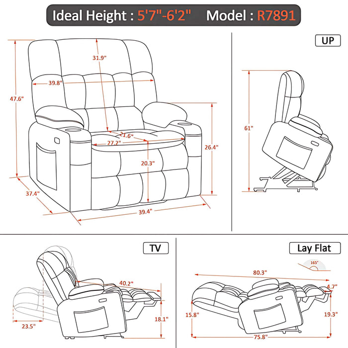 MCombo Dual Motor Large-Wide Size R7891 Power Lift Recliner Chair Dimensions