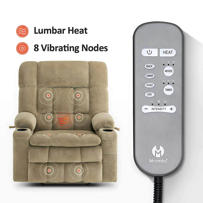 MCombo Dual Motor Large-Wide Size R7891 Power Lift Recliner Chair Fabric in Beige Color Lumbar Heat and 8 Vibrating Nodes