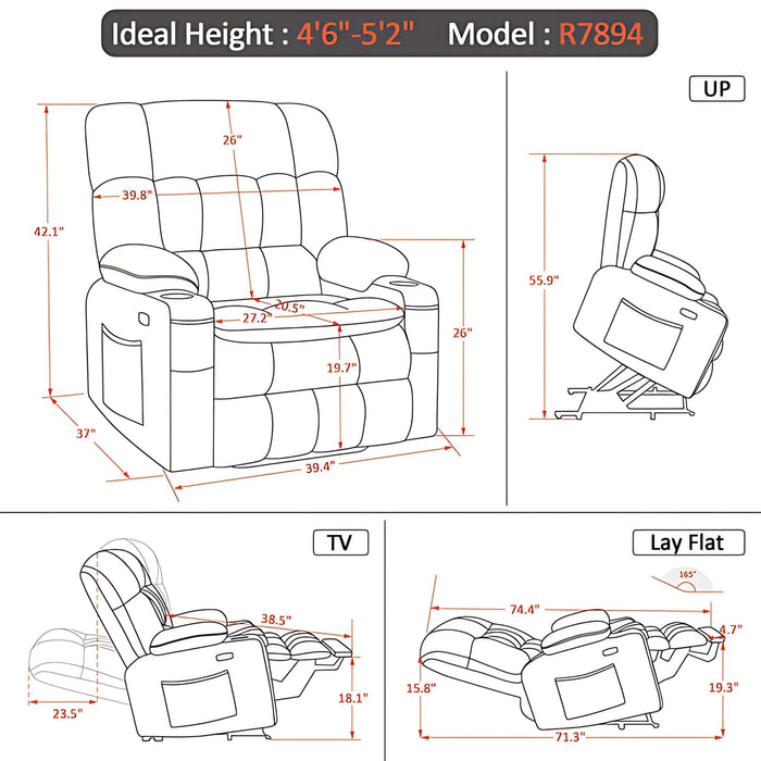 MCombo Dual Motor Small-Wide R7894 Power Lift Recliner Chair Dimensions