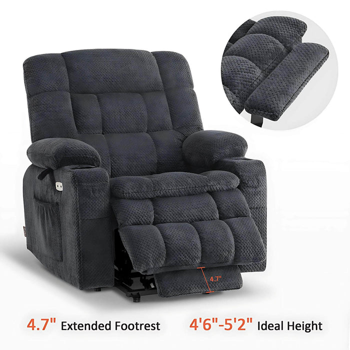 MCombo_Dual_Motor_Small-Wide R7894 Power Lift Recliner Chair Fabric in Dark Grey Color Extended Footrest and Ideal Height