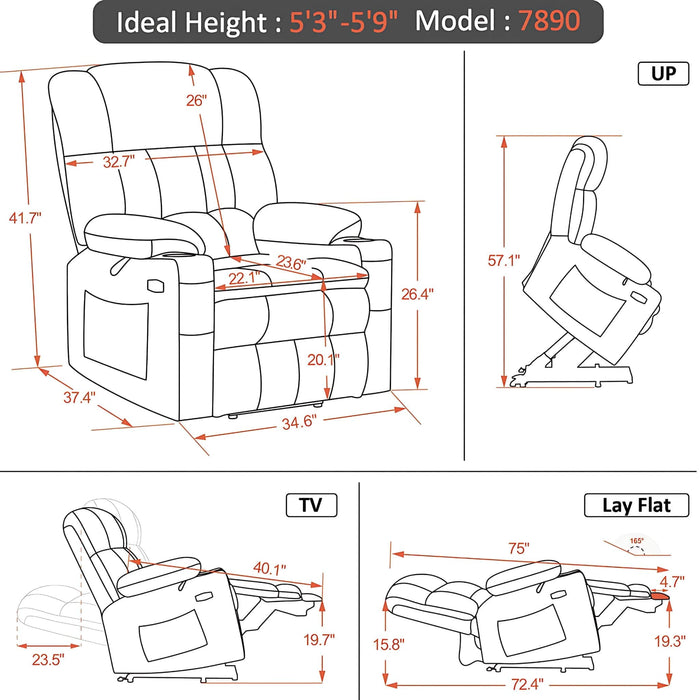 MCombo Medium-Regular Dual Motor Power Lift ReclinerChair Faux Leather 7890 Dimensions