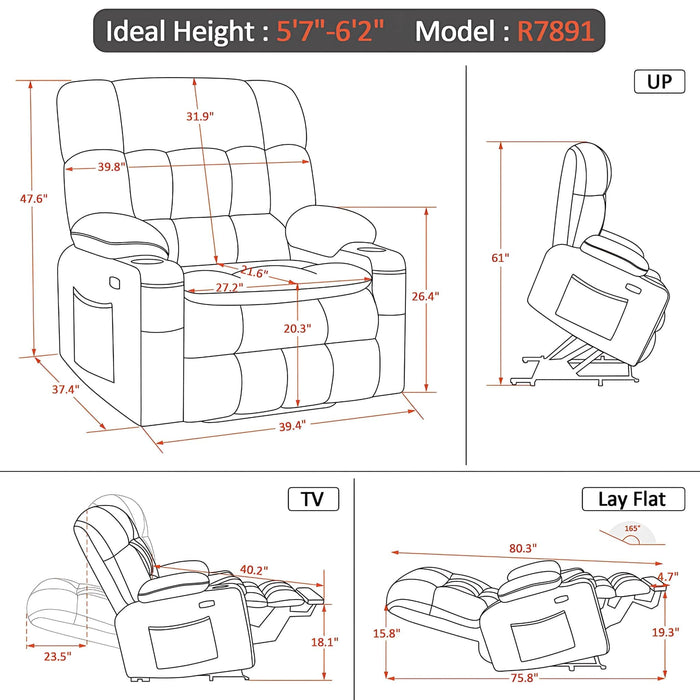 MCombo Large-Wide Dual Motor Power Lift Recliner Chair Faux Leather R7891 Dimensions