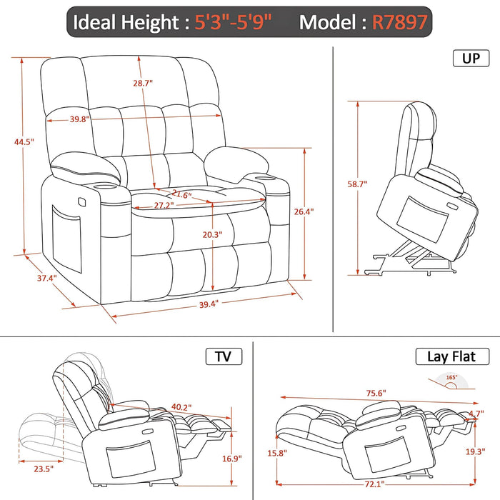 MCombo Medium-Wide Dual Motor Power Lift Recliner Chair Faux Leather R7897 Dimensions