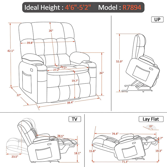 MCombo Small-Wide Dual  Motor Power Lift Recliner Chair Faux Leather R7894 Dimensions