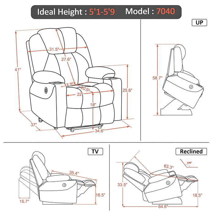 MCombo Electric Power Lift Recliner Chair 7040 Dimensions