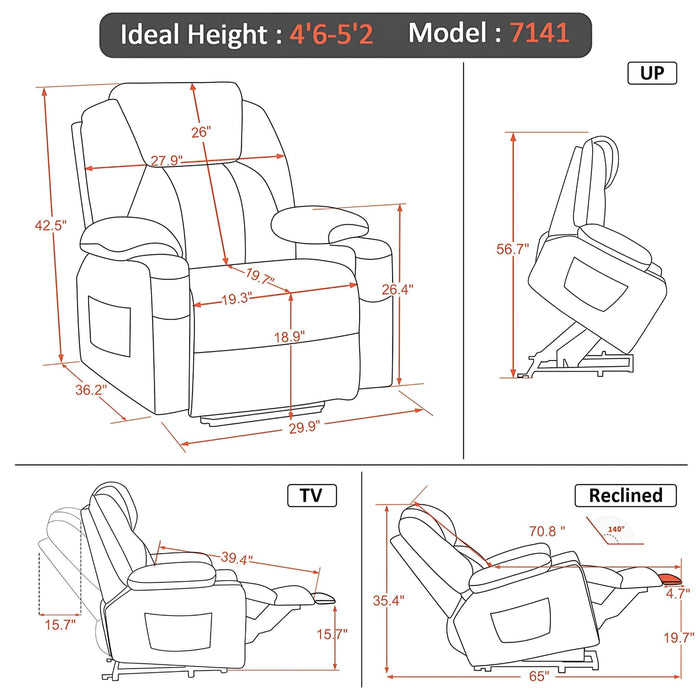 Small Size MCombo Electric Power Lift Recliner Chair 7141 in Grey Height