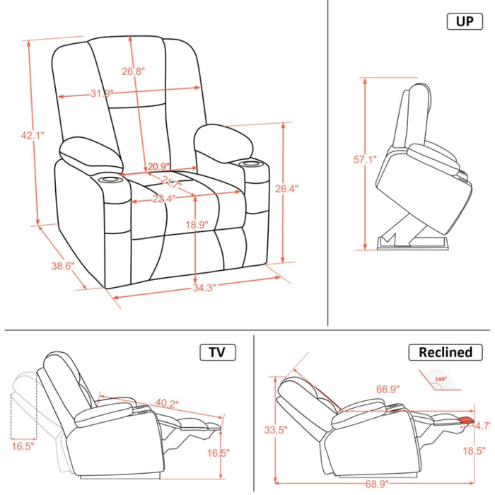 MCombo Electric Power Lift Recliner Chair 7507 Fabric in Grey Color Measurements