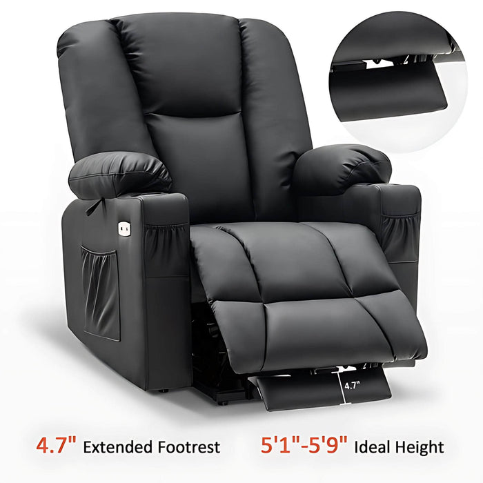 MCombo Electric Power Lift Recliner Chair 7507 Faux Leather in Black Color 4.7 inch Extended Footrest and 5 foot 1 to 5 foot 9 Ideal Height