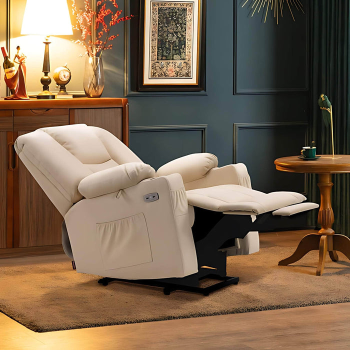 MCombo Electric Power Lift Recliner Chair 7507 Faux Leather in Cream White Color Reclining in Room